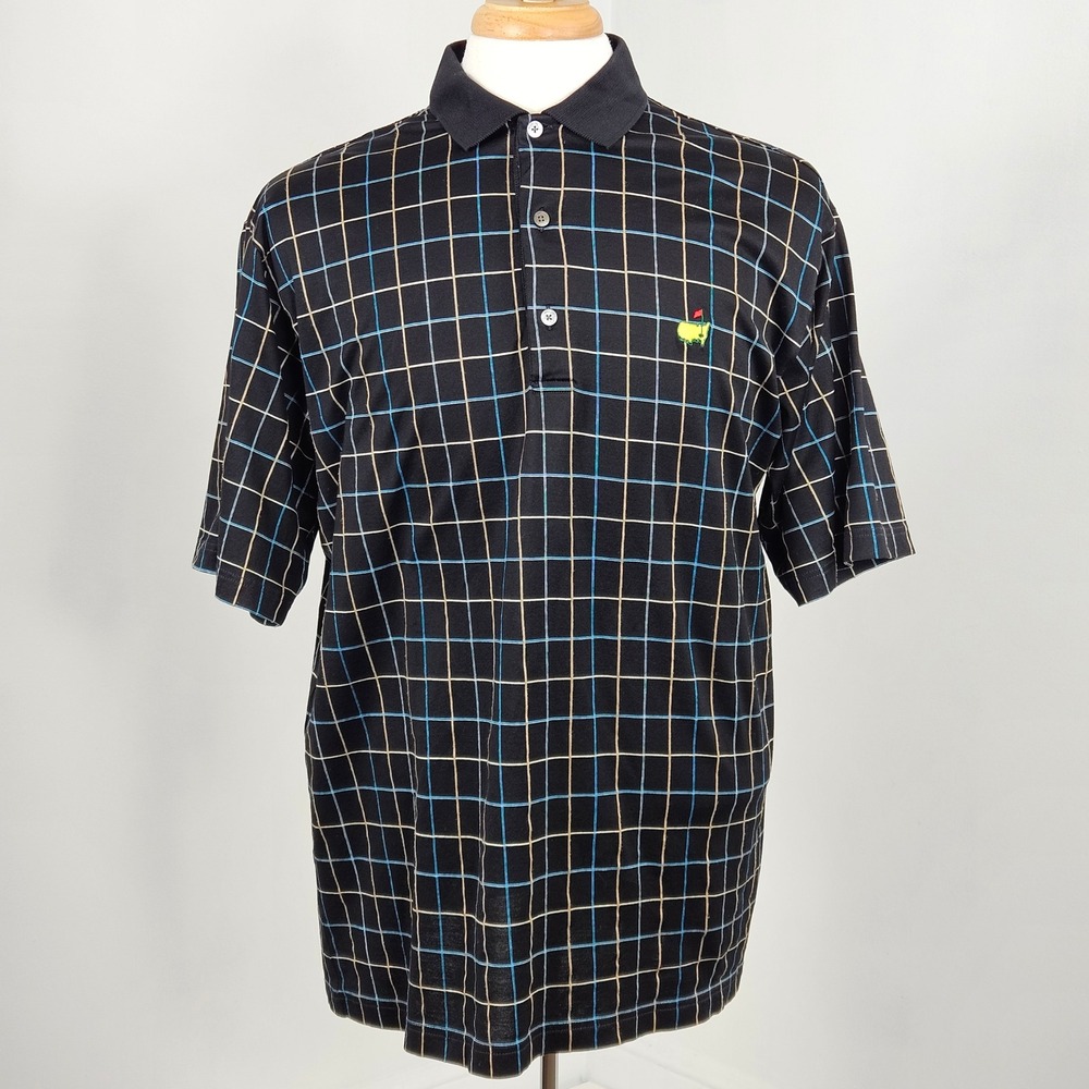 Masters Bobby Jones Collection Polo Shirt Mens L Black Grid Cotton FLAW